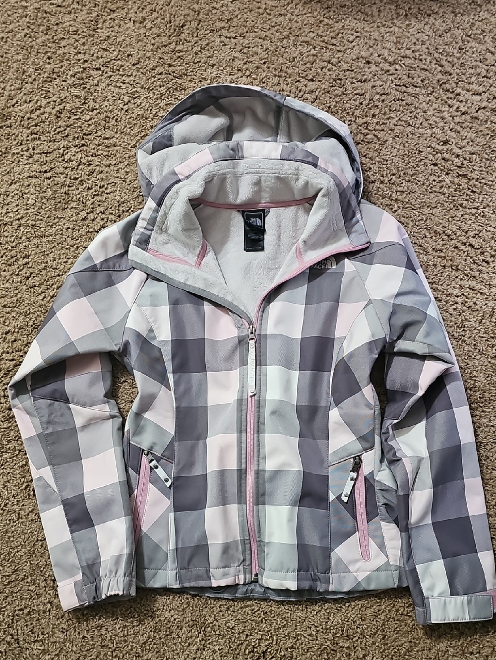 The North Face  Pink, Gray & White Plaid Fleece Lined Jacket